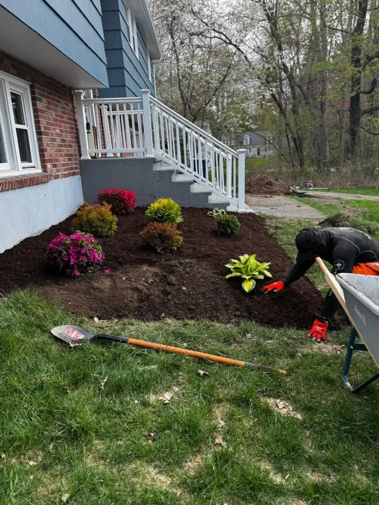 Finished garden bed with new plants and fresh mulch at a home in Milford, MA