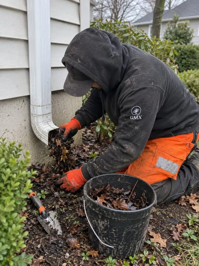 GMX crew member clearing a clogged downspout elbow at ground level in Milford, MA