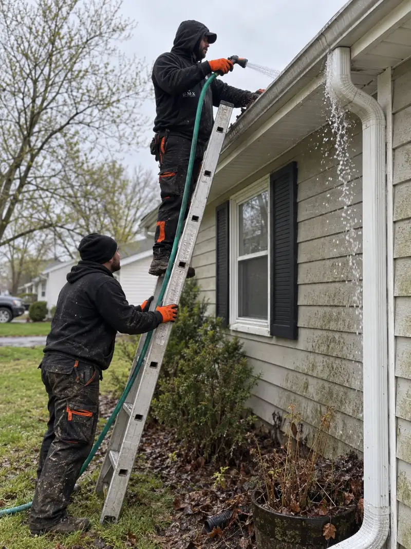 GMX crew flushing a gutter with a hose while water runs out of the downspout in Milford, MA