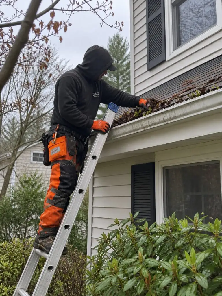 GMX crew member cleaning the gutter of a two-story home from a ladder in Milford, MA