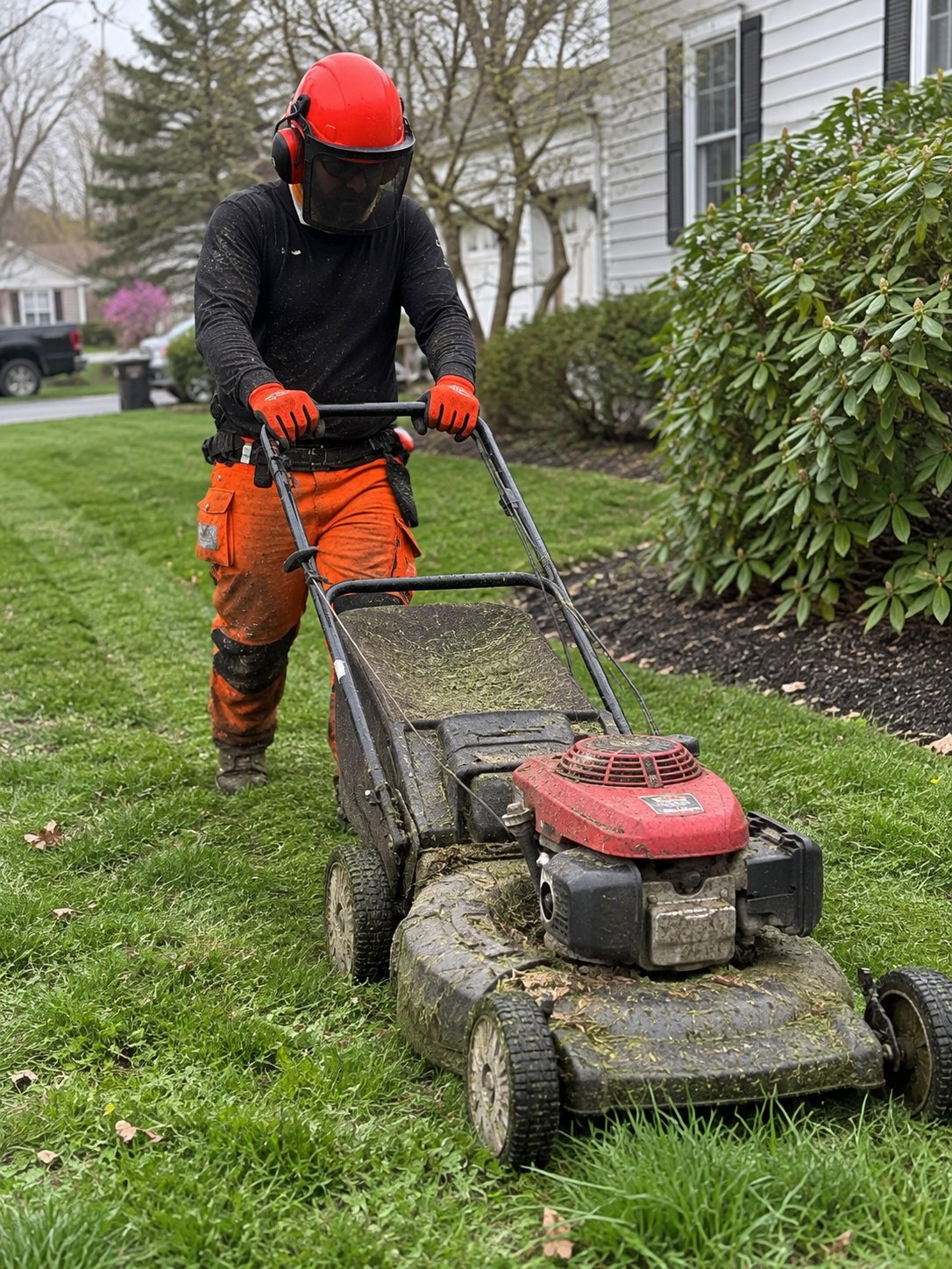 GMX crew member mowing a front lawn with a push mower in Milford, MA
