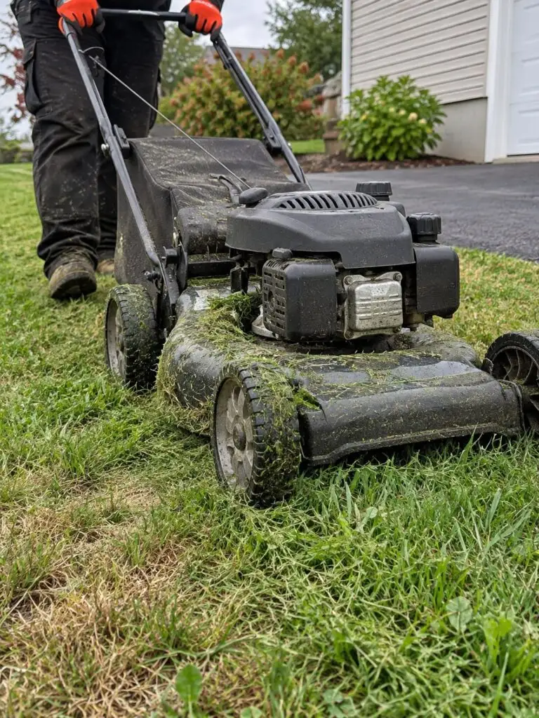 Close view of a mower deck cutting fresh grass on a residential lawn in Milford, MA