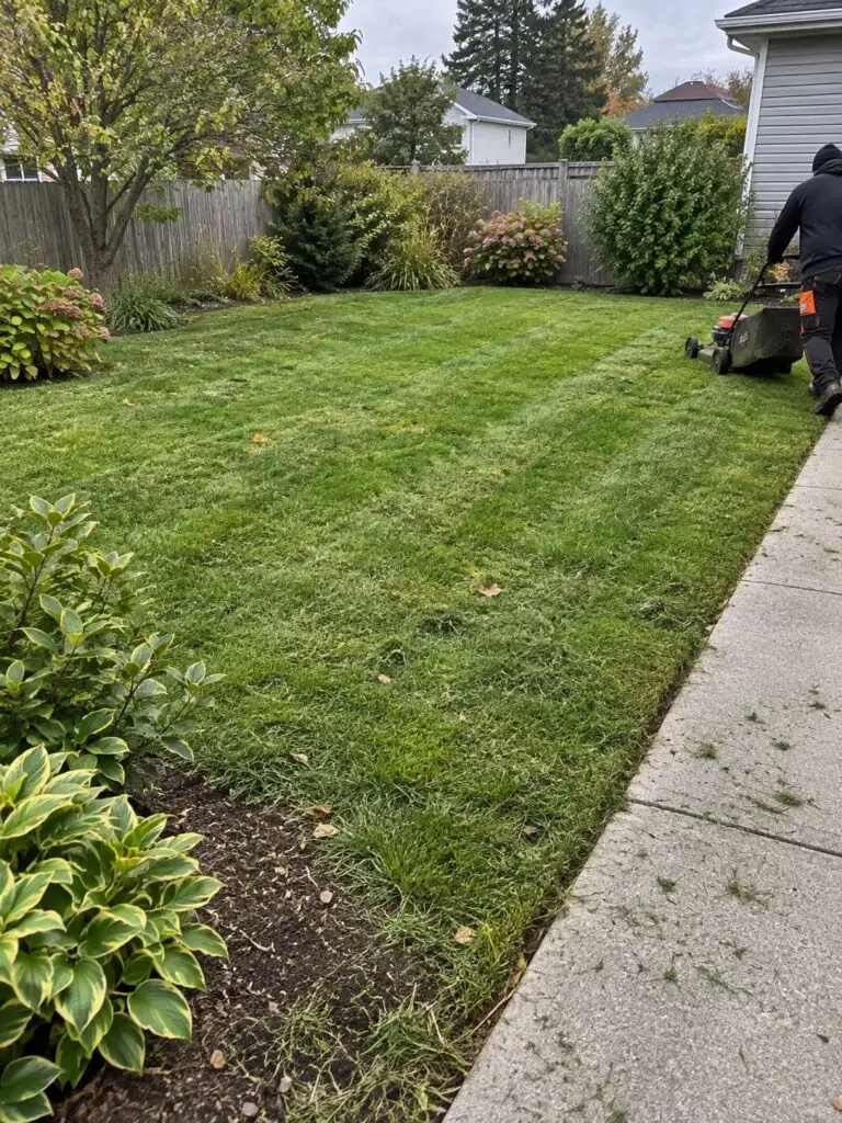 Freshly mowed backyard lawn with clean mower stripes in Milford, MA