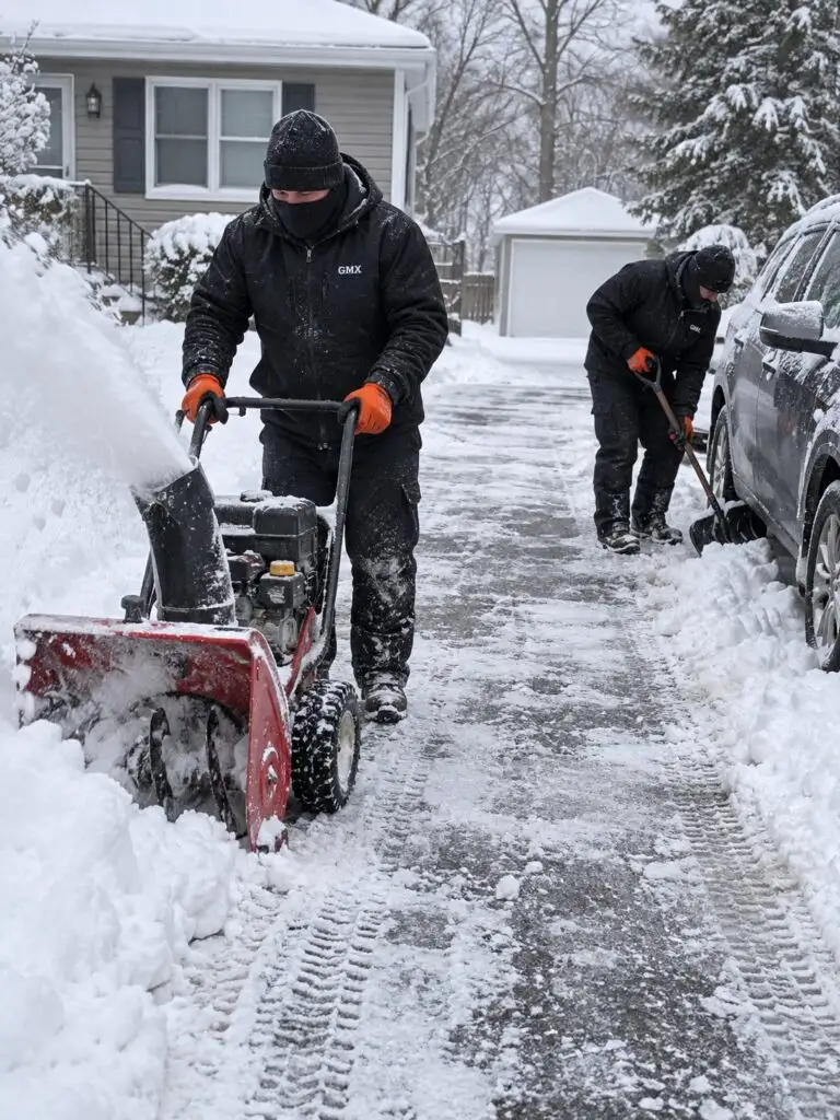 Two GMX crew members clearing a snowy driveway with a snowblower and shovel in Milford, MA