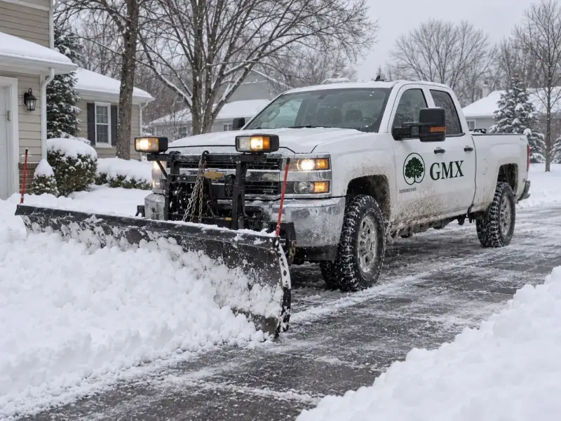 GMX plow truck clearing a residential driveway during a snowstorm in Milford, MA