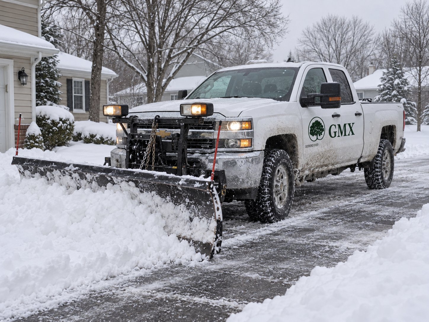 GMX plow truck clearing a residential driveway during a snowstorm in Milford, MA
