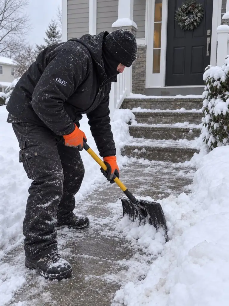 GMX crew member shoveling a front walkway and steps after a snowstorm in Milford, MA