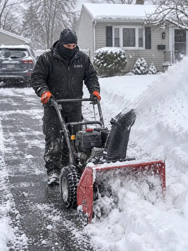 GMX operator clearing a driveway with a two-stage snowblower during a storm in Milford, MA
