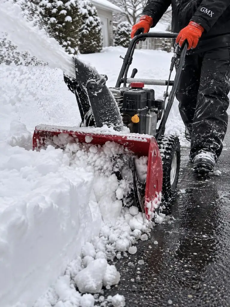 Snowblower cutting a clean edge through a deep snow bank on a driveway in Milford, MA