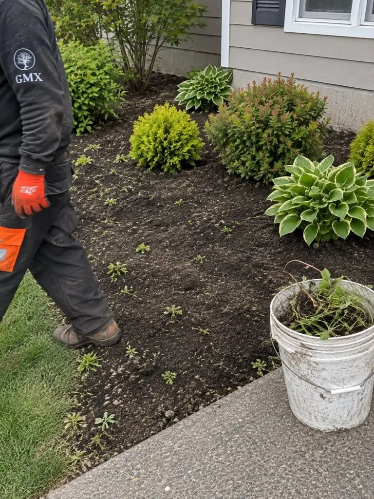 Garden bed cleared of weeds with shrubs and hostas after GMX weeding in Milford, MA