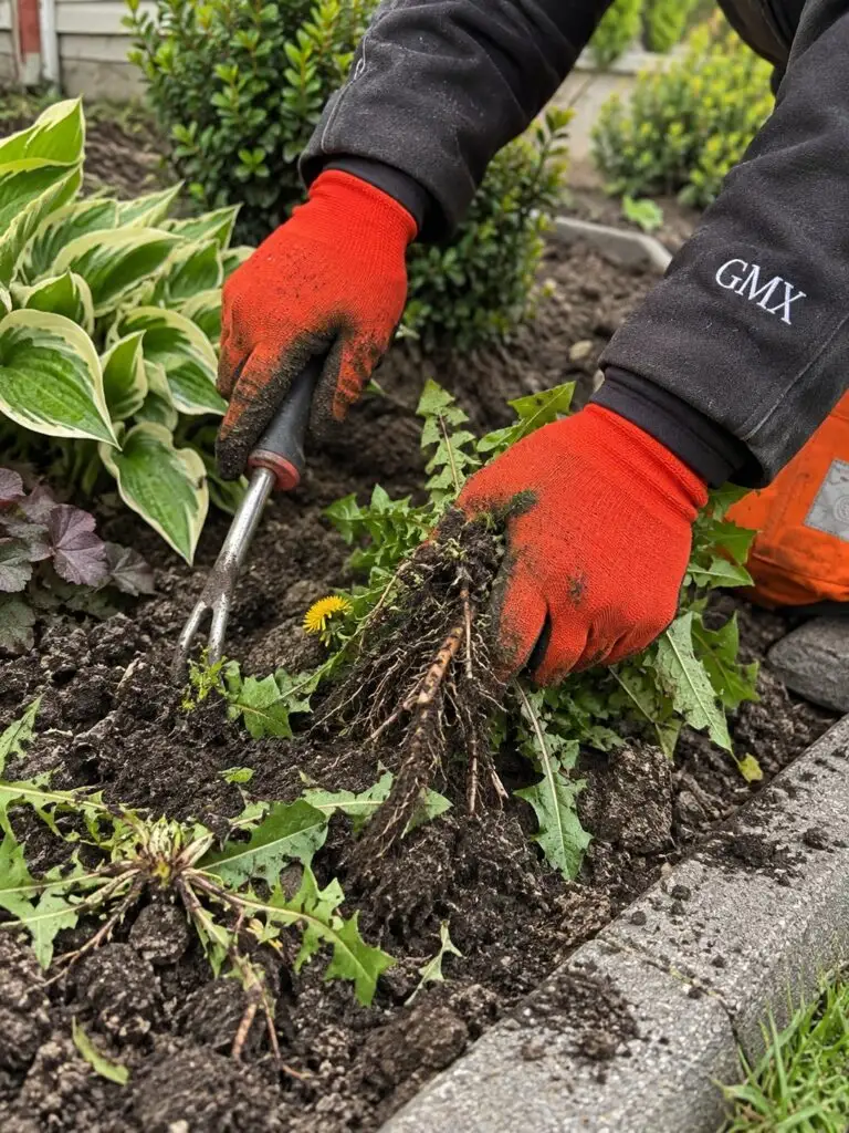 Dandelion pulled out with its full taproot intact during weeding in Milford, MA