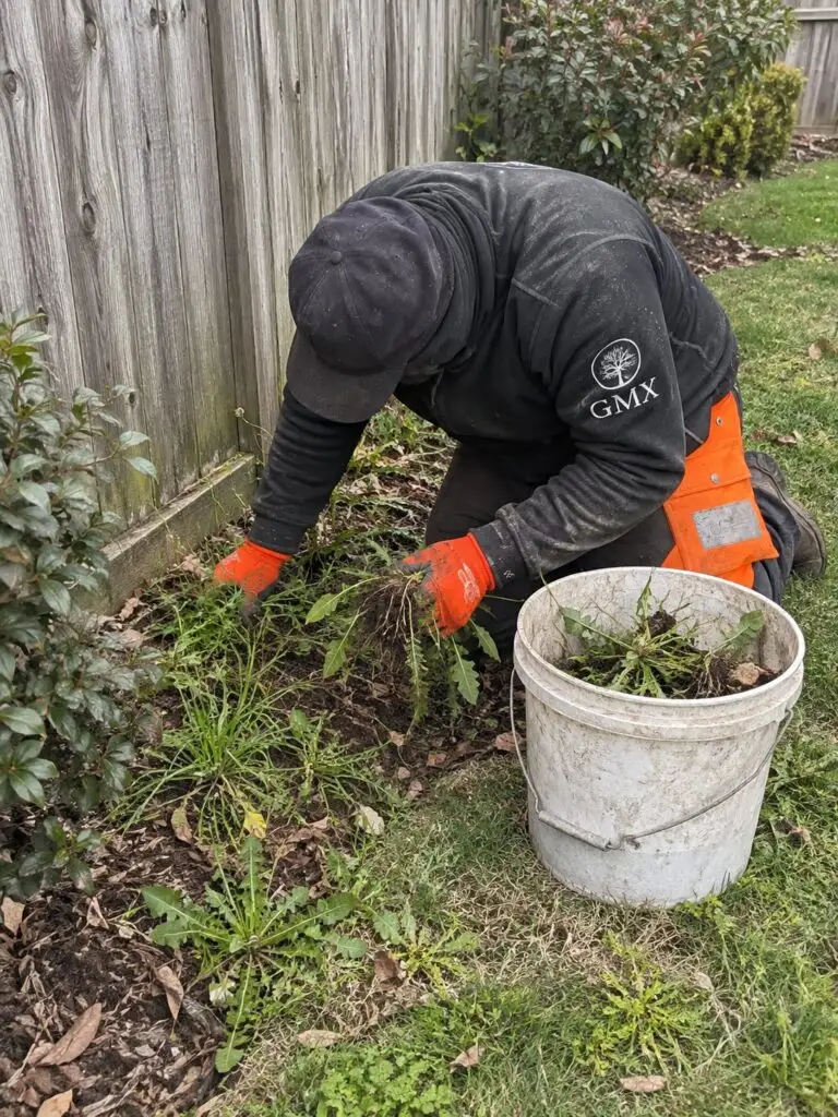 GMX crew member pulling weeds along a fence line at the edge of a yard in Milford, MA