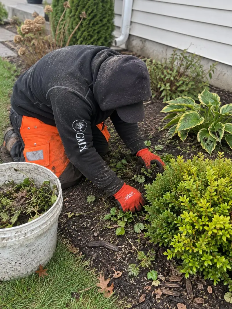 GMX crew member hand-pulling weeds from a mulched garden bed in Milford, MA