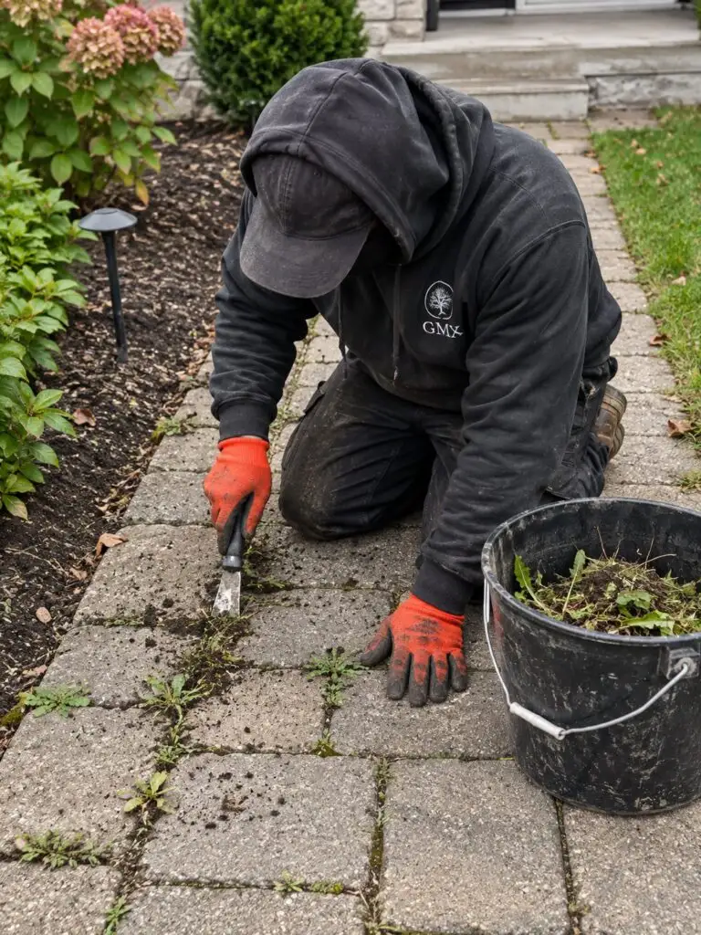 GMX crew member scraping weeds out of paver walkway joints in Milford, MA